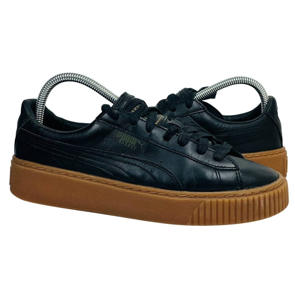 Puma Basket Platform Sneakers Womens 8.5 Black Leather Gum Sole 364040-02 Luxury